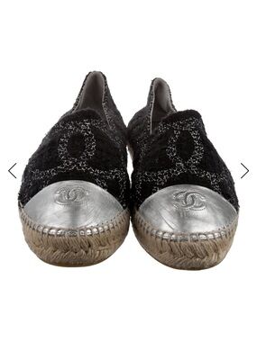 CHANEL Black Tweed Espadrilles with Silver Leather Cap Toe 11/41 IT